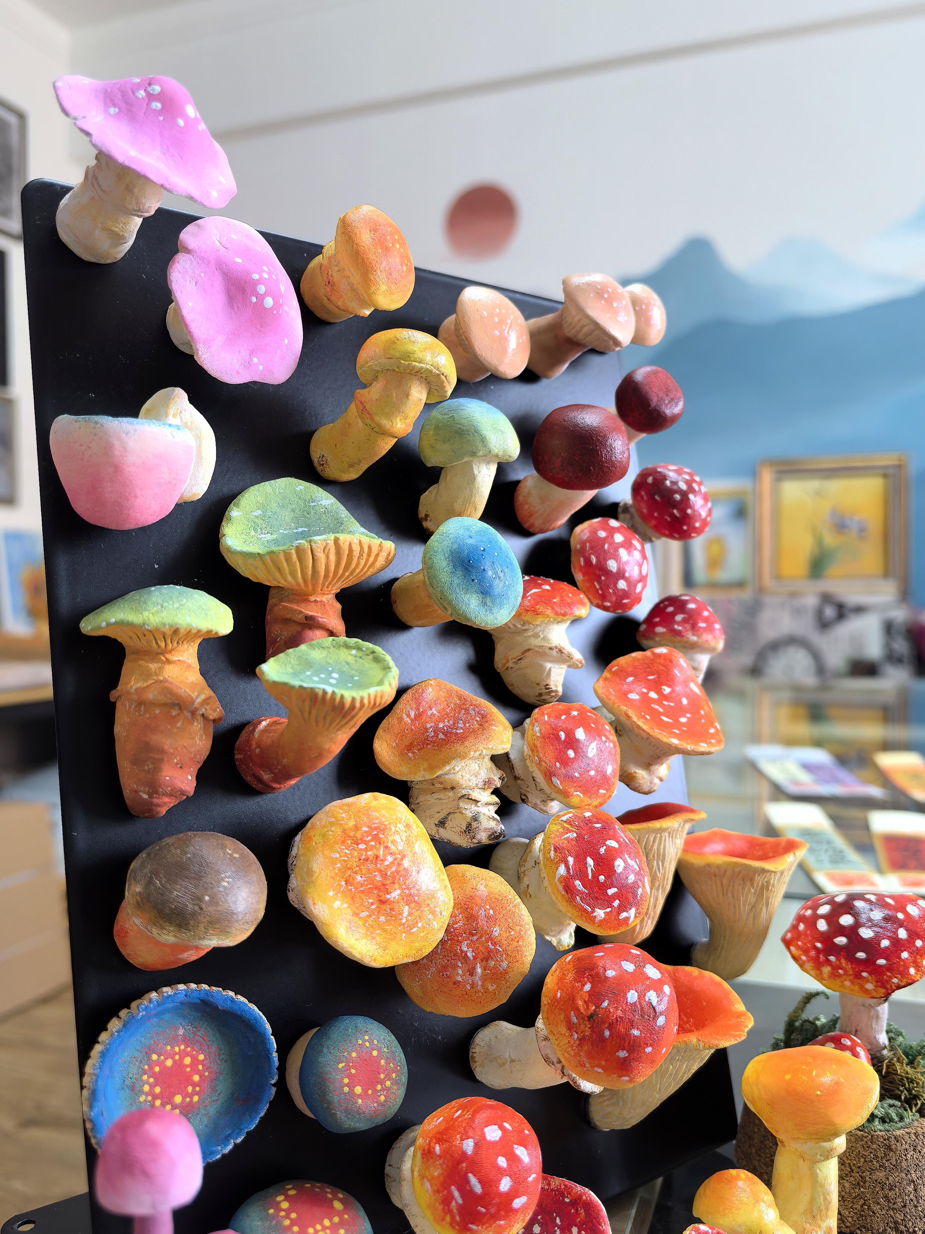 MYCO FABLE mushroom objects displayed on a refrigerator